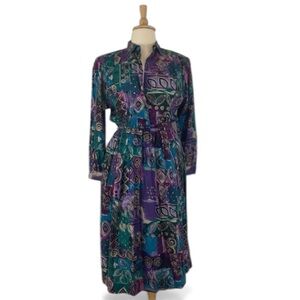 Vintage 90s A-Line Dress Women’s XL Printed Long Sleeve Henley Midi‎